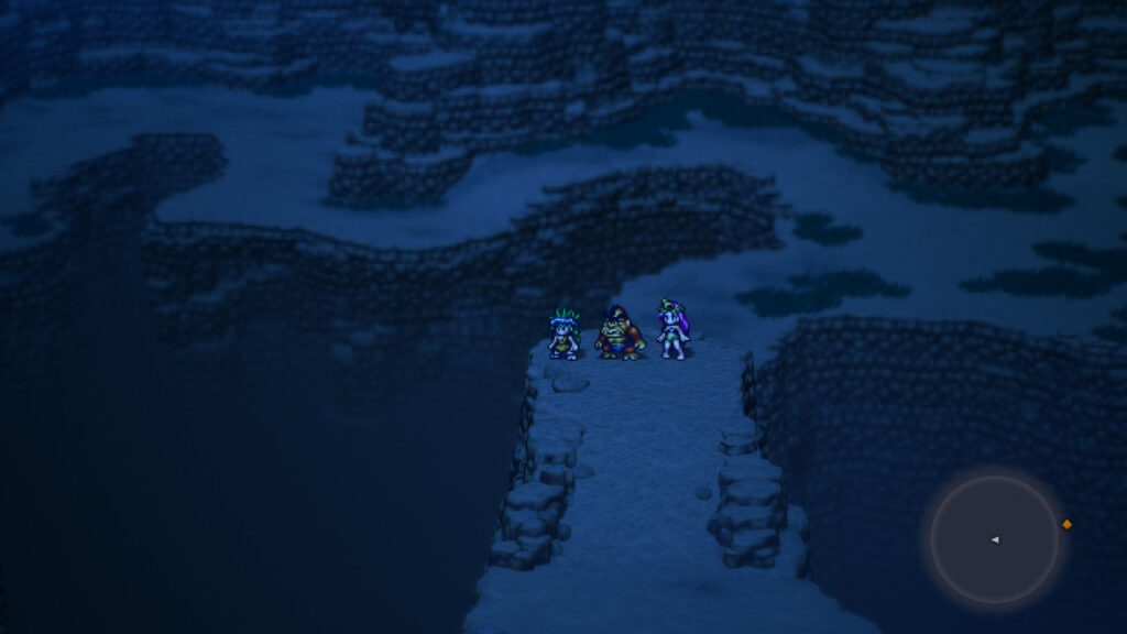 Screenshot de live a live onde os protagonistas do capítulo da pré-história estão em evidência, em cima de um precipício sobre um cânion.
