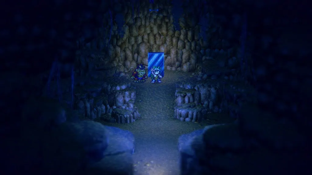 Review: live a live ist ein experimentelles Abenteuer, das an unsere Zeit angepasst ist Screenshot von Live a Live, in dem die Charaktere Pogo und Gori vor einem Monolithen stehen, der in einer Höhle versteckt ist.