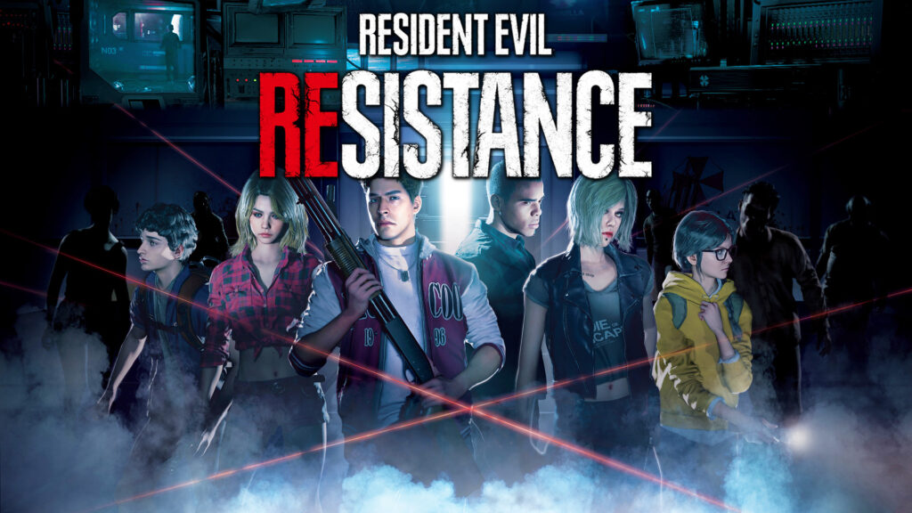 Banner de divulgação de Resident Evil: Resistance em que os personagens jogáveis estão em destaque em um primeiro plano de um cenário com zumbis, lasers e fumaça. 