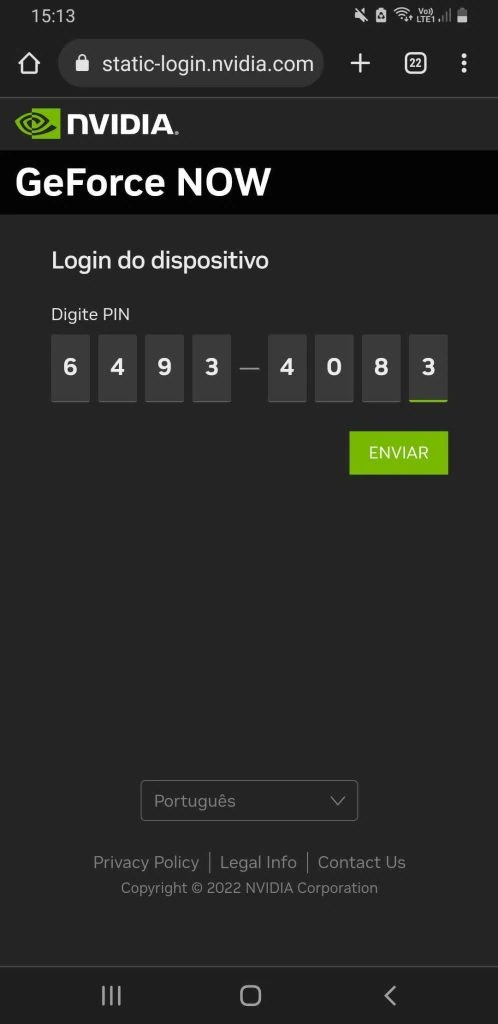 Cómo usar nvidia geforce ahora Imagen con el código tecleado en el celular.