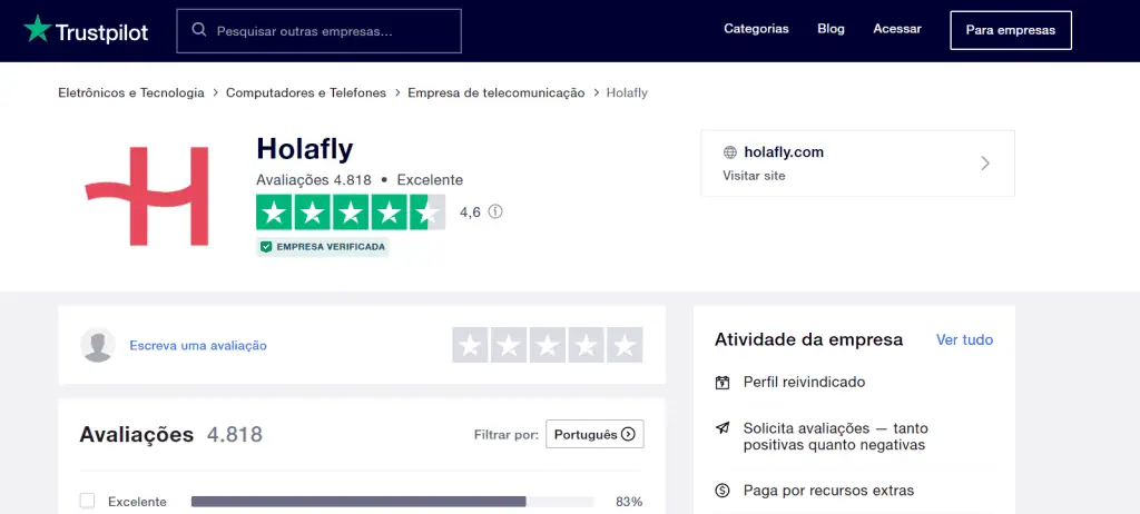 Holafly: conheça a empresa de chips internacionais Captura de tela da empresa holafly no site trustpilot