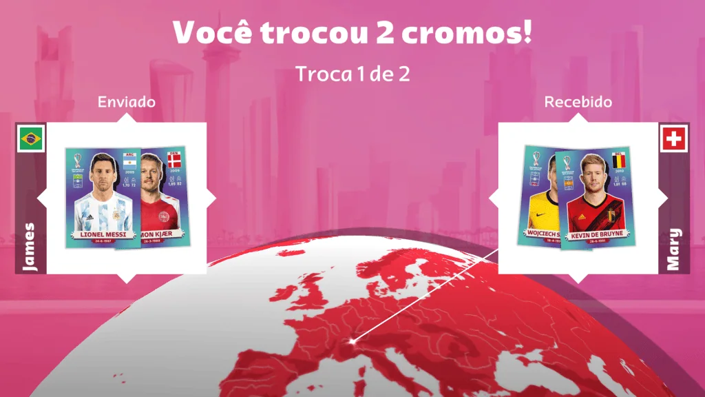 ألبوم كأس العالم 2022 متوفر في النسخة الرقمية واحدة من الميزات الجديدة الرائعة المضمنة في النسخة الرقمية من الألبوم هي إمكانية تبادل الملصقات مع أي جامع آخر حول العالم. في مثال الصورة ، نرى جامعًا يتبادل الملصقات مع جامع آخر من سويسرا. التشغيل: متجر Google Play