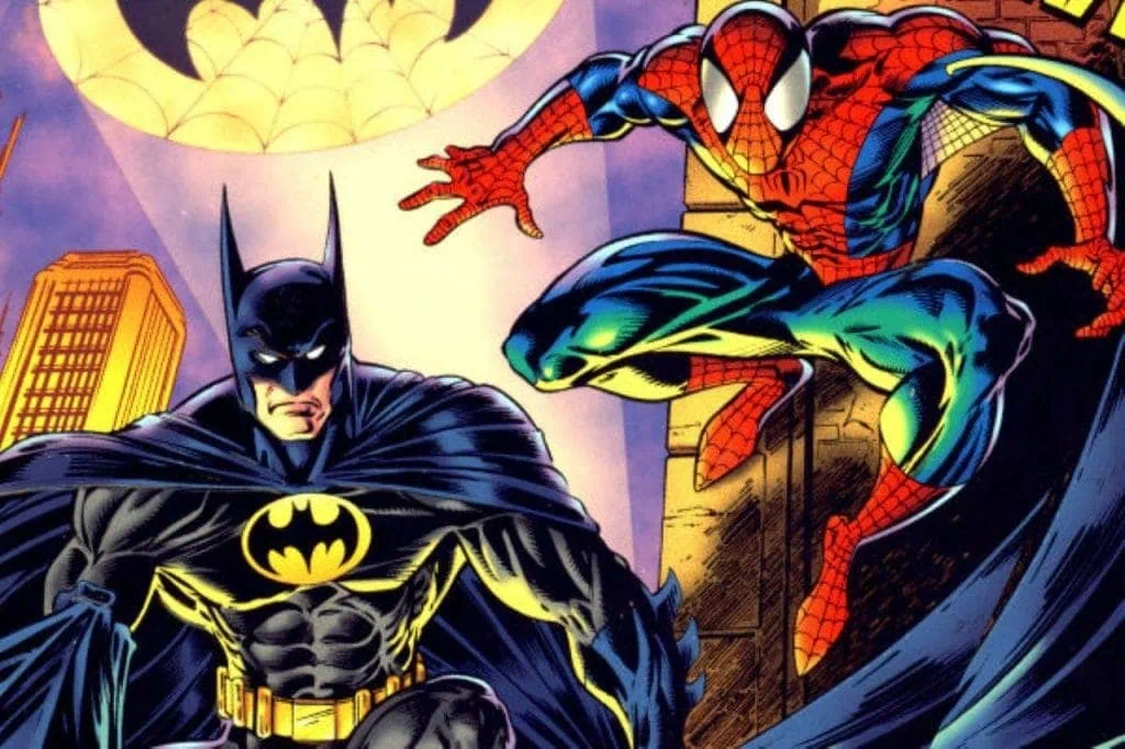 A marvel compraria a dc algum dia? Batman e homem-aranha lado a lado em um arranha-céus com o bat-sinal.