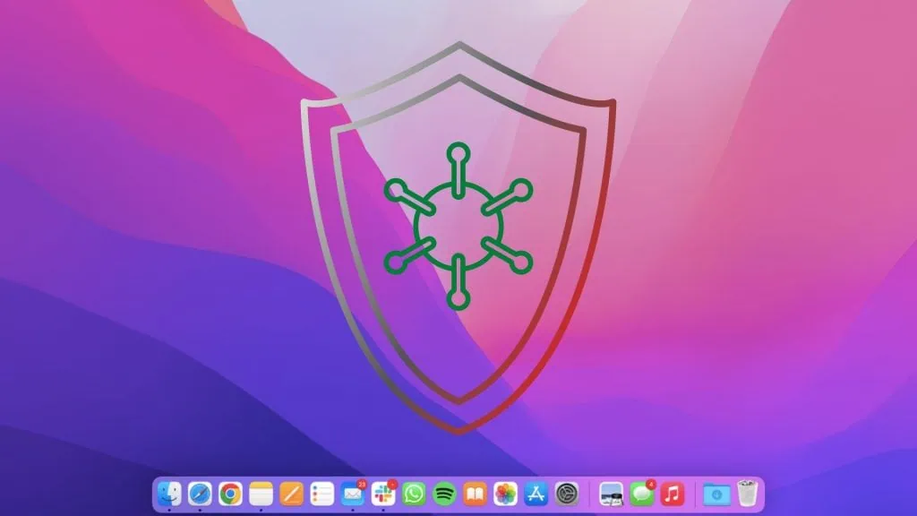 14 melhores configurações de segurança no mac Tela inicial do macos com um ícone de escudo e outro de vírus em cima