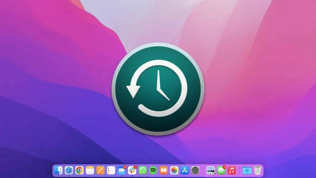 14 melhores configurações de segurança no mac Tela inicial do macos com ícone do time machine no centro