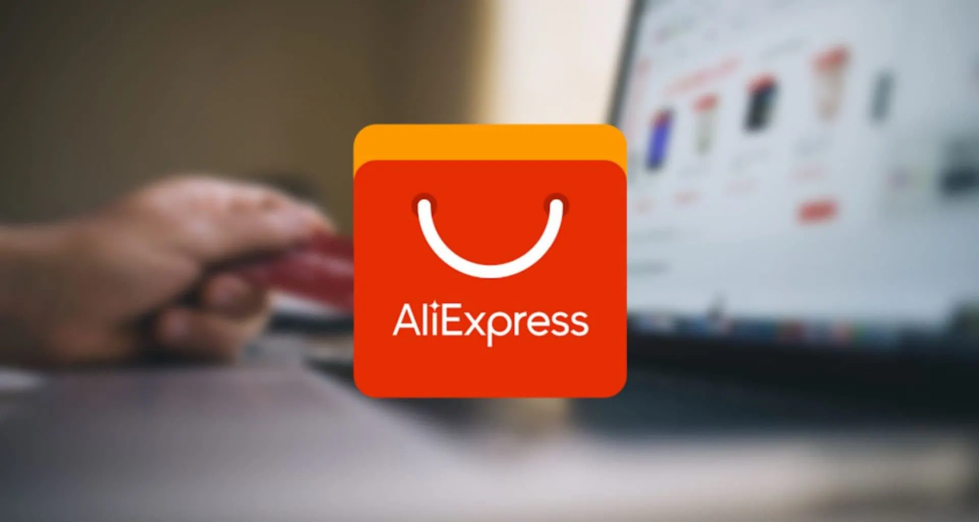 배경에 신용 카드를 들고 노트북을 사용하는 사람의 이미지가 있는 Aliexpress 아이콘