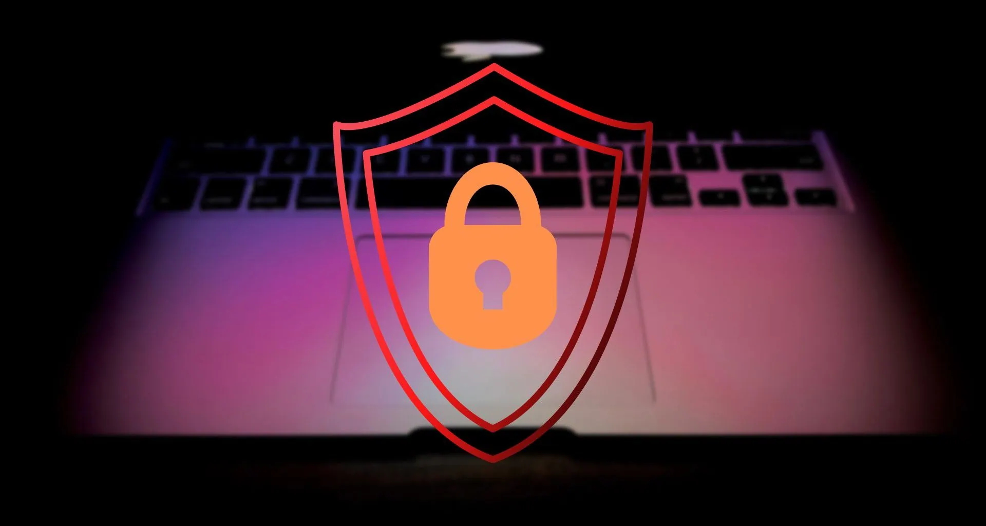 Macbook סגור למחצה עם סמלי מגן ומנעול בחזית כדי לסמל הגדרות אבטחה ב-Mac