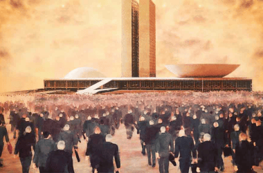 Imagem de uma multidão indo votar em uma eleição brasileira.