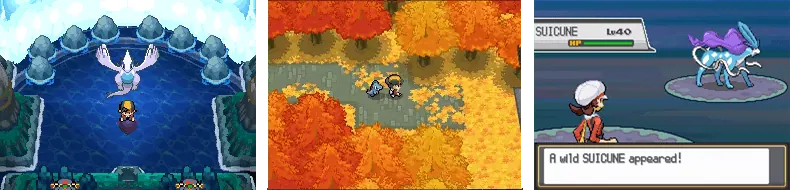 Os 20 melhores remakes de jogos da história Três screenshots de pokémon heartgold & soulsilver, sendo a primeira com o protagonista em frente do lendário lugia, a segunda em um cenário com folhas alaranjadas no chão e o terceiro é a tela de batalha com a protagonista feminina prestes a enfrentar suicune.