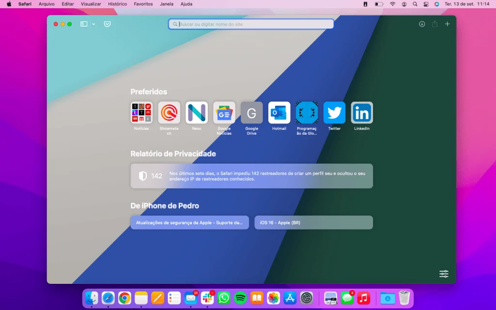 14 melhores configurações de segurança no mac Tela inicial do navegador safari no macos mostrando ícones dos favoritos, relatório de privacidade e abas abertas no iphone