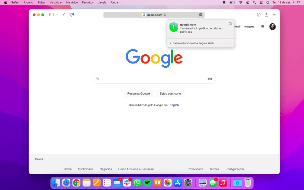 14 melhores configurações de segurança no mac Janela do safari com google aberto e uma caixa de diálogo com informações sobre privacidade