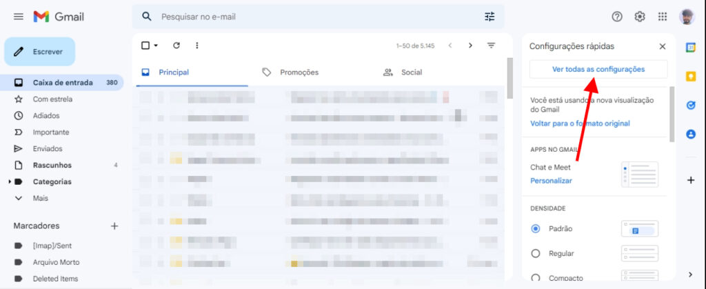Botão para entrar nas configurações do gmail