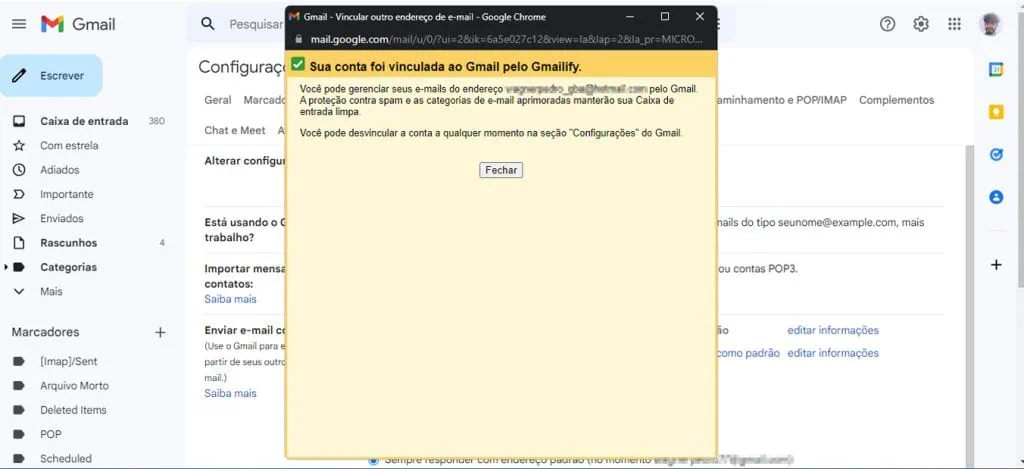 כיצד לרשום חשבונות דוא"ל אחרים ב-gmail כריכת האימייל ב-gmail הושלמה