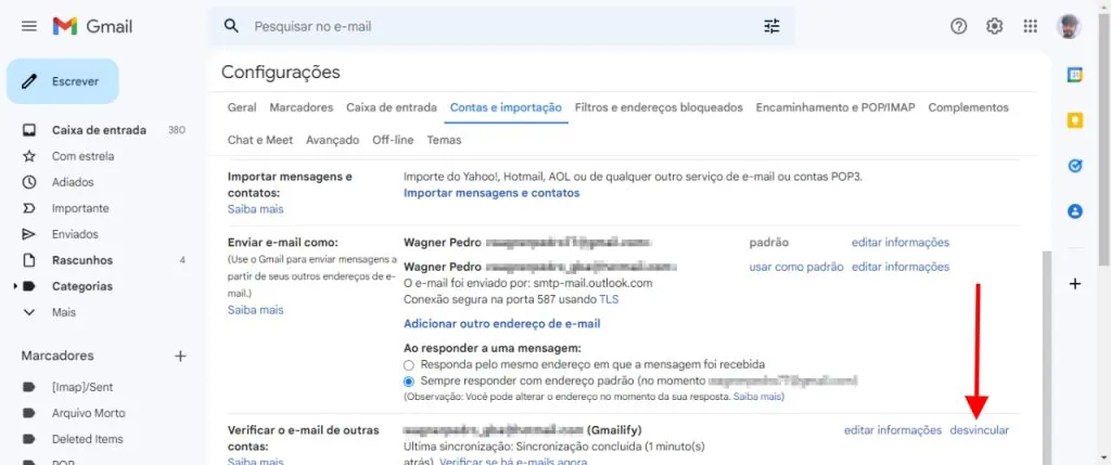 כיצד לרשום חשבונות דוא"ל אחרים ב-gmail בטל קישור של חשבון רשום