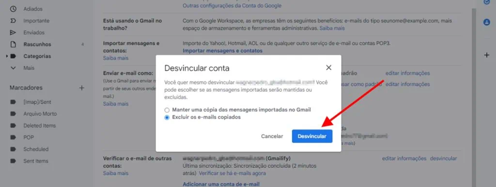 כיצד לרשום חשבונות דוא"ל אחרים ב-gmail לחץ כדי להשלים את הסרת האימייל
