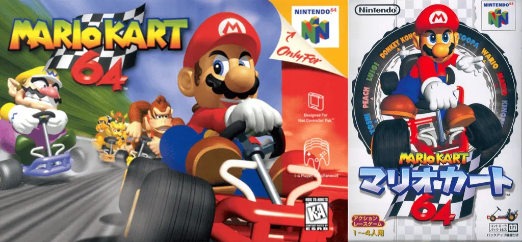 Historien om Mario Kart Två bilder, det amerikanska och japanska omslaget till Mario Kart 64.