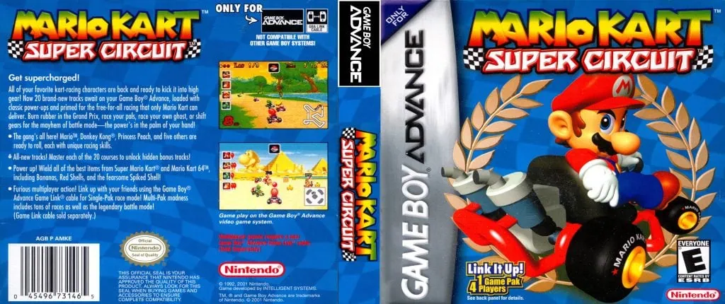 Historien om Mario Kart Fram- och baksidan av mario super circuit cover för game boy advanced