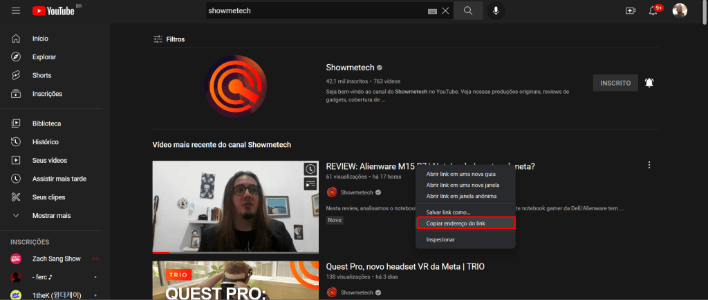 Como baixar vídeos do youtube com o yt saver Tela inicial do youtube com termo "showmetech" na caixa de pesquisa