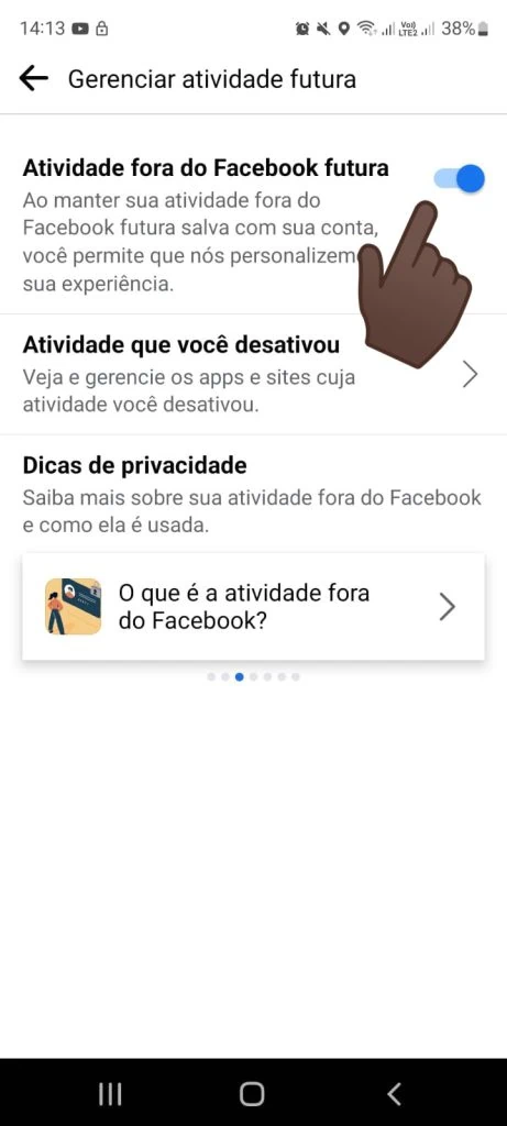 Como deixar de ser espionado pelo facebook na internet A imagem mostra o menu do aplicativo do facebook com seta indicando para clicar em “atividade futura fora do facebook”.
