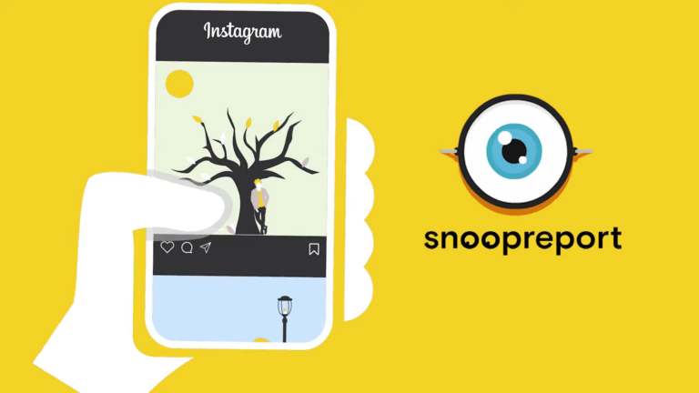 Desenho de uma mão segurando um celular e rolando o feed do instagram; ao lado, o logo da marca snoopreport
