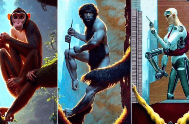 Imagens de macacos, homem das cavernas e robô futurista, ilustrando evolução e tecnologia.