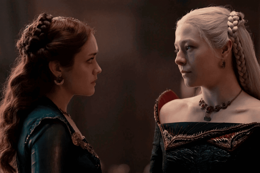 Personagens de 'a casa do dragão' demonstrando intensas emoções durante uma cena dramática.