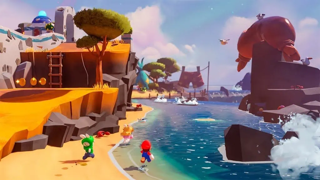 Imagem de mario e personagens rabbids explorando uma ilha com cenário vibrante, praia, mar e elementos de jogo.