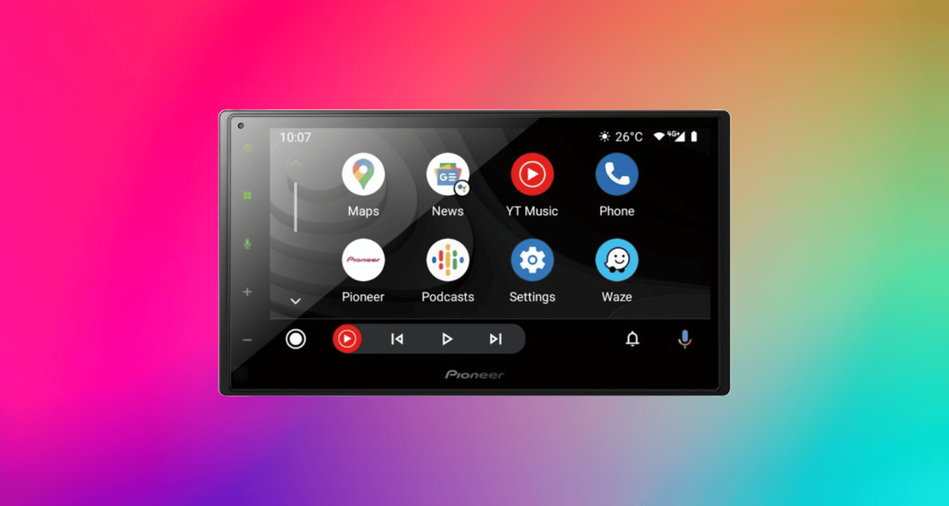 Foto de central multimídia pioneer com sistema android auto e apple carplay, exibe interface fácil de usar.