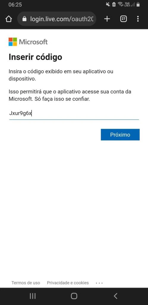 Como usar o xbox cloud gaming nas tvs samsung Imagem do celular, código digitado