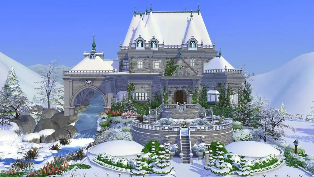 12 casas construídas no the sims 4 para serem o seu novo lar Enorme casa construída no the sims 4, com uma cachoreira, coberta de neve