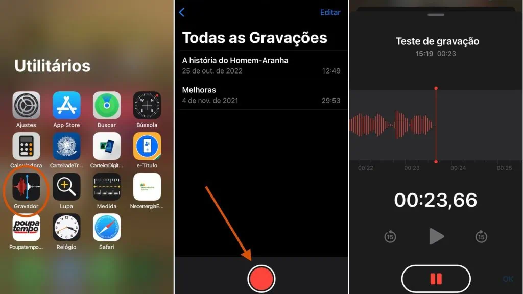 iPhone에서 전화 통화를 녹음하는 방법 iPhone에서 전화 통화를 녹음하는 방법을 보여주는 iPhone 녹음기 앱의 스크린샷이 포함된 몽타주