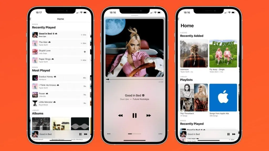 Os melhores apps para iphone (ios) em 2023 Montagem de iphones com o aplicativo apple music aberto em telas diferentes