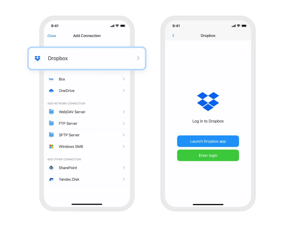 Os melhores apps para iphone (ios) em 2023 Montagem de iphones com o aplicativo dropbox aberto em telas diferentes