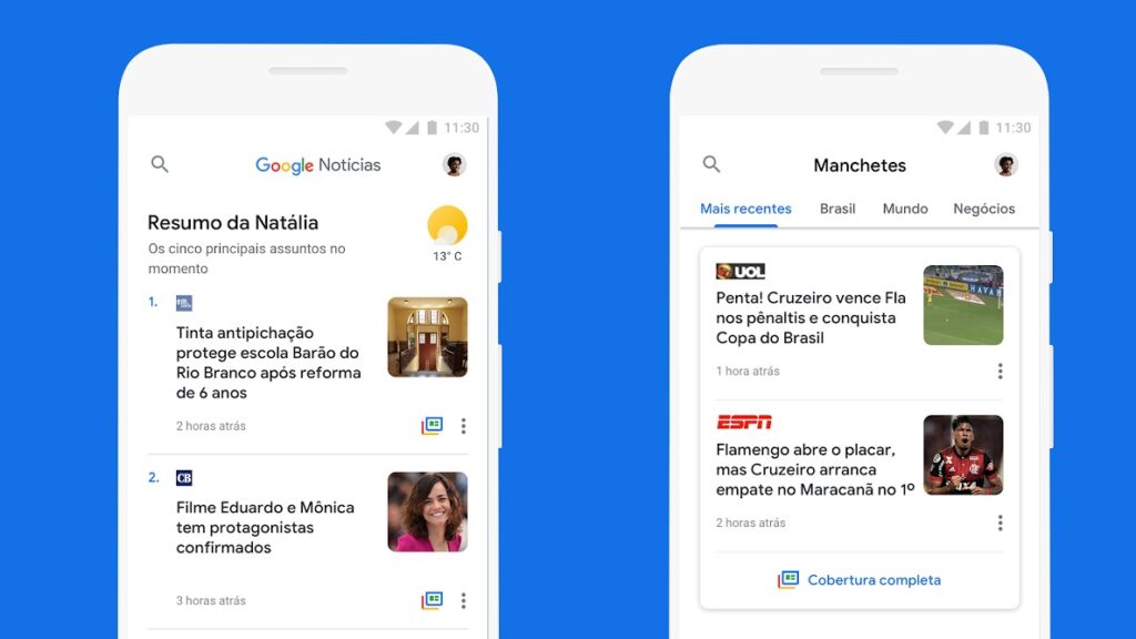 Montagem de iphones com o aplicativo google notícias aberto em telas diferentes