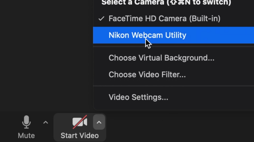 Escolhendo a opção que permite utilizar a câmera nikon como webcam.