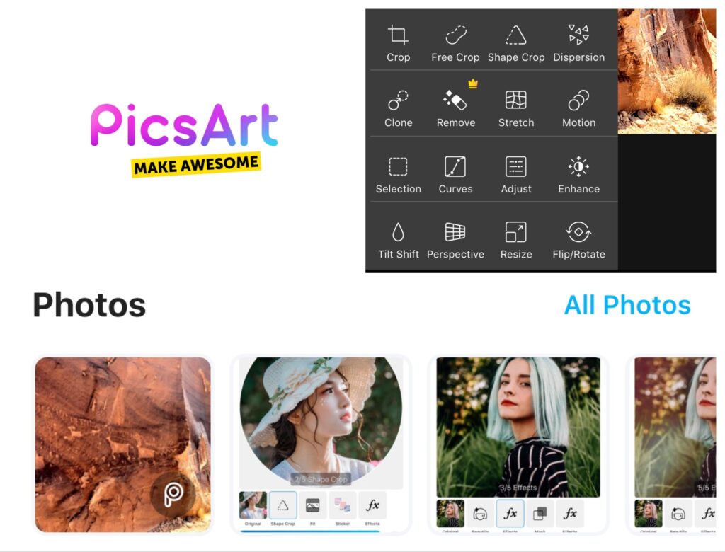 Montagem com diversas telas do aplicativo picsart no iphone