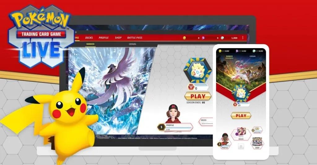 טקסט חלופי: תמונה של משחק Pokémon TCG Live במחשבים ובטלפונים ניידים, בהשתתפות פיקאצ'ו.