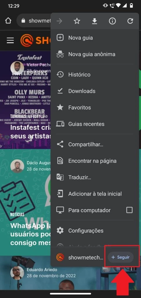 Cómo seguir sitios web usando Google Chrome para Android Opción "Seguir" en google