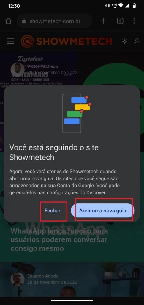 Cómo seguir sitios web usando Google Chrome para Android Confirmación de Google después de seguir un sitio