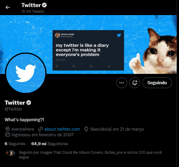 Twitter lança novo selo de contas verificadas para evitar fake news Captura de tela de perfil oficial do twitter na rede social