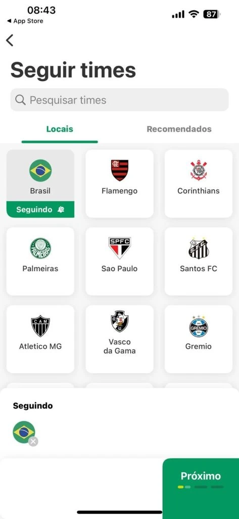 Imagem de tela de celular mostrando opções de times na copa do mundo.