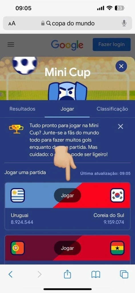 Minigame da copa do mundo no google está disponível para ios e android Jogue o minigame da copa do mundo no google para ios e android, participe e marque muitos gols durante as partidas.