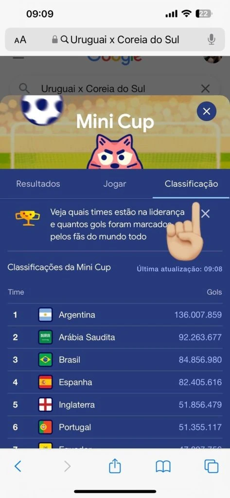 Minigame da copa do mundo no google está disponível para ios e android Divirta-se com o minigame da copa no google disponível para ios e android.