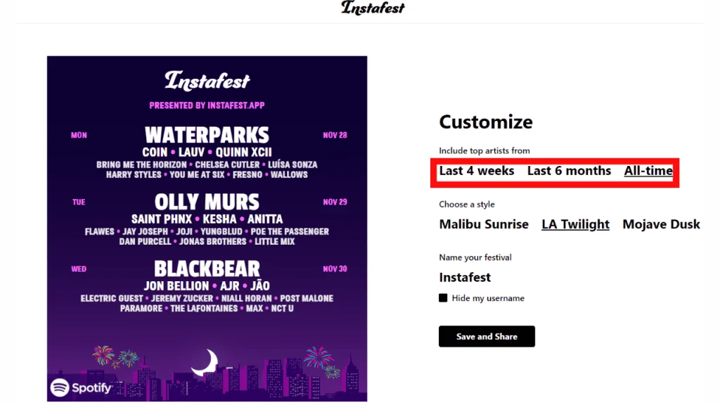 Crie seu lineup de festival na retrospectiva do spotify Foto com artistas mais ouvidos de uma pessoa em foto criada pelo site instafest