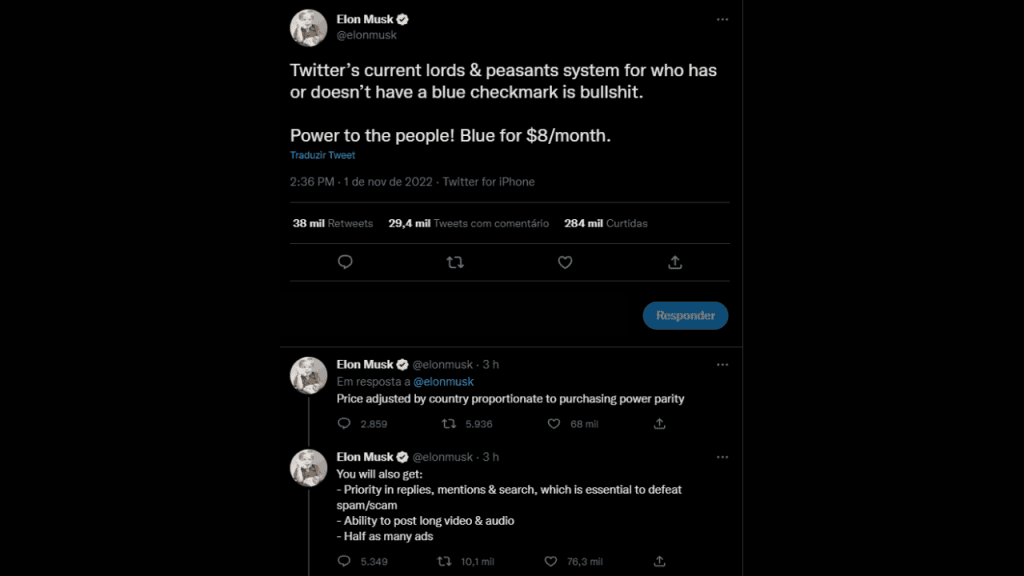 Novo twitter blue terá contas verificadas por us$ 8 Tweet de elon musk anunciando novidades do novo twitter blue