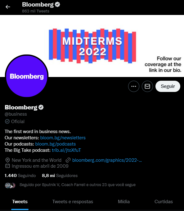 Perfil do bloomberg com novo selo de contas verificadas do twitter