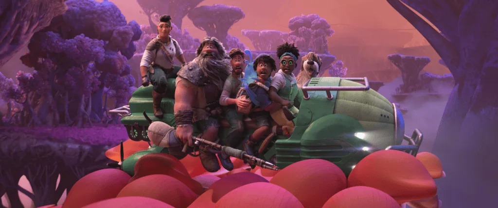 Mundo estranho é uma bela e confusa história sobre pai e filho Personagens do filme mundo estranho em cima de uma moto voadora