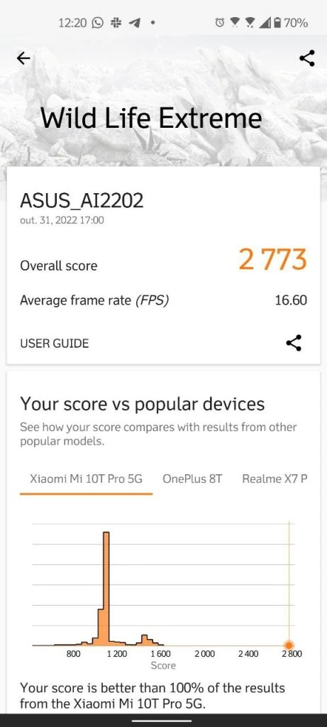 Review: asus zenfone 9 Resultado do benchmark wild life no zenfone 9
