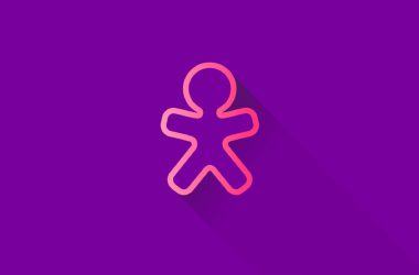 Imagem de um ícone de pessoa em neon rosa sobre fundo roxo vibrante.