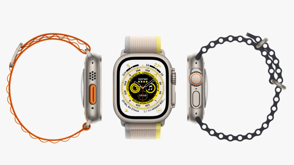 Apple Watch Ultra con correas coloridas, tecnología avanzada y un diseño deportivo para actividades al aire libre.